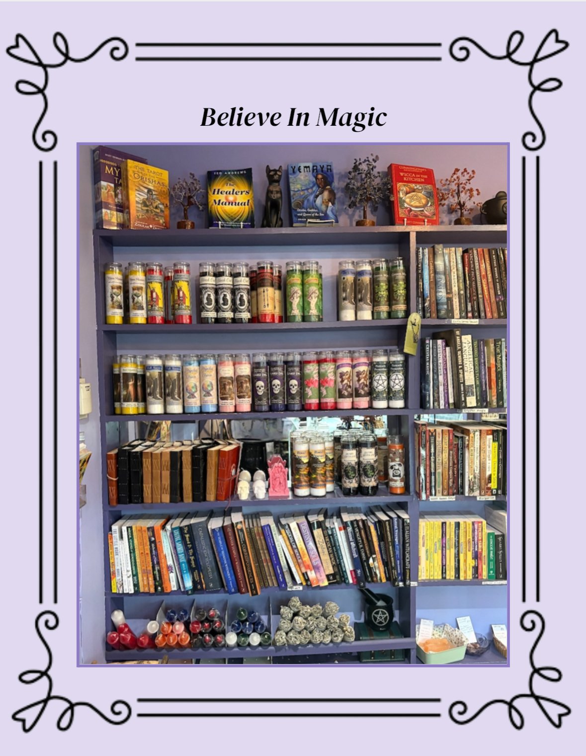 Shelf filled with books, candles, and ritual tools, including tarot decks and decorative items in a store or library with purple walls and mystical decor.