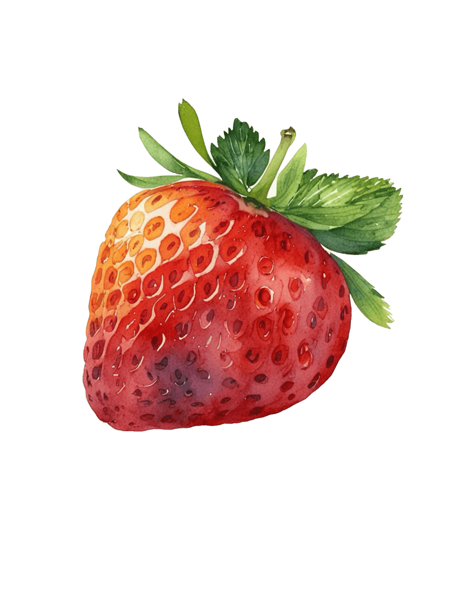 A digital watercolor style illustration of a ripe red strawberry with green leaves on top.