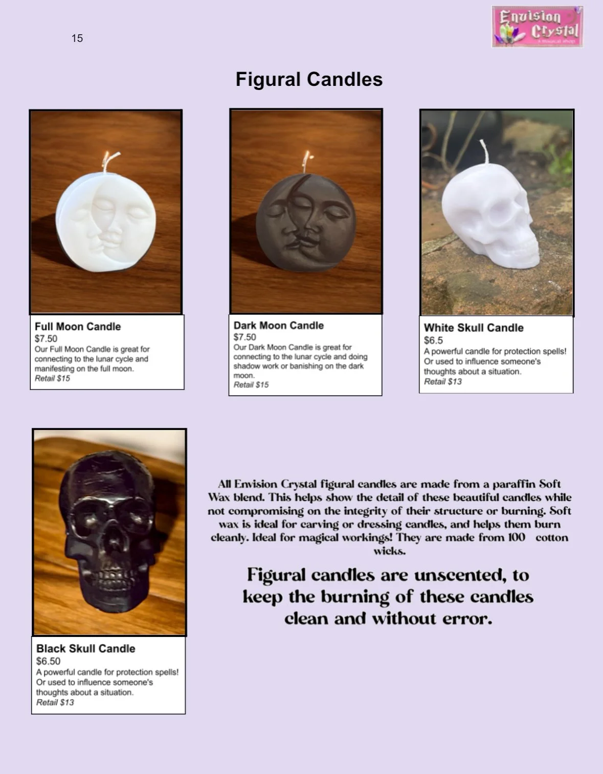 A page displaying four figurine candles shaped like a full moon, dark moon, white skull, and black skull, with descriptions and prices, on a lavender background.