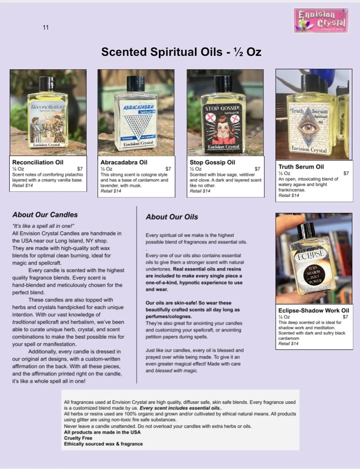 Display of four bottles of scented spiritual oils labeled Reconciliation, Abracadabra, Stop Gossip, and Truth Serum, each 1/2 oz, with descriptions and prices listed.