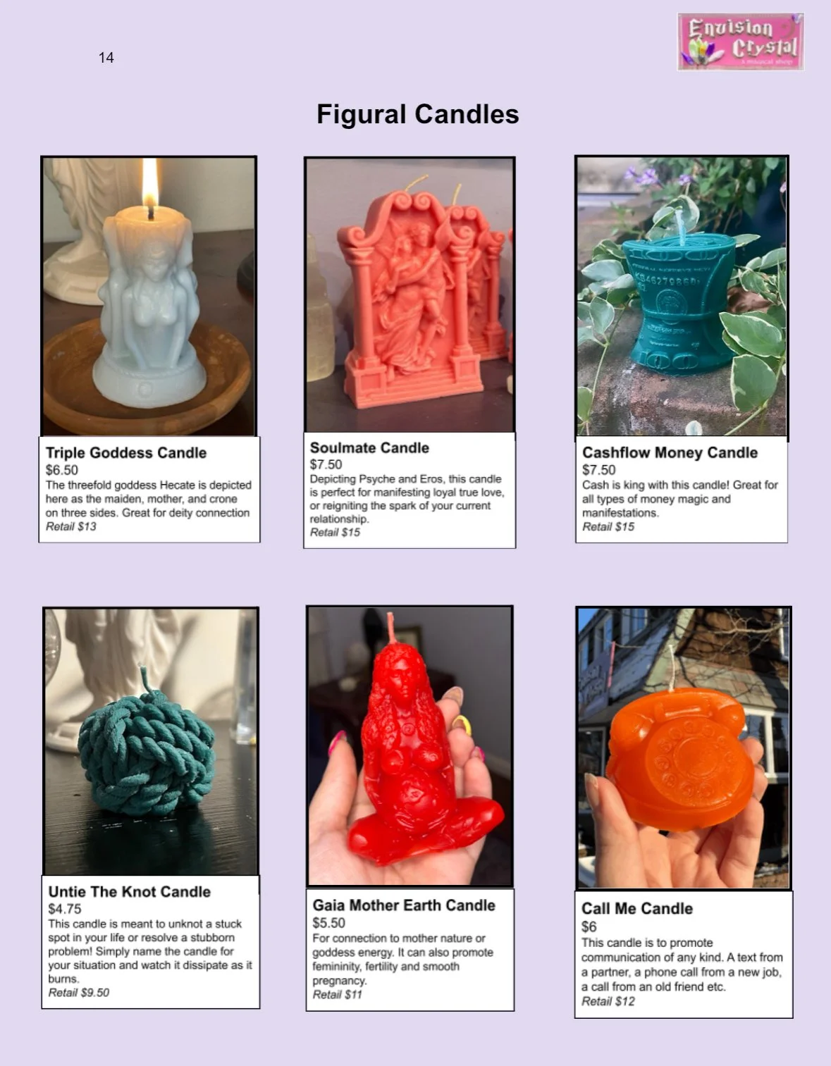 A catalog page showing six figurine candles with descriptions and prices. The candles include a Triple Goddess Candle, Soulmate Candle, Cashflow Money Candle, Untie The Knot Candle, Gaia Mother Earth Candle, and Call Me Candle.