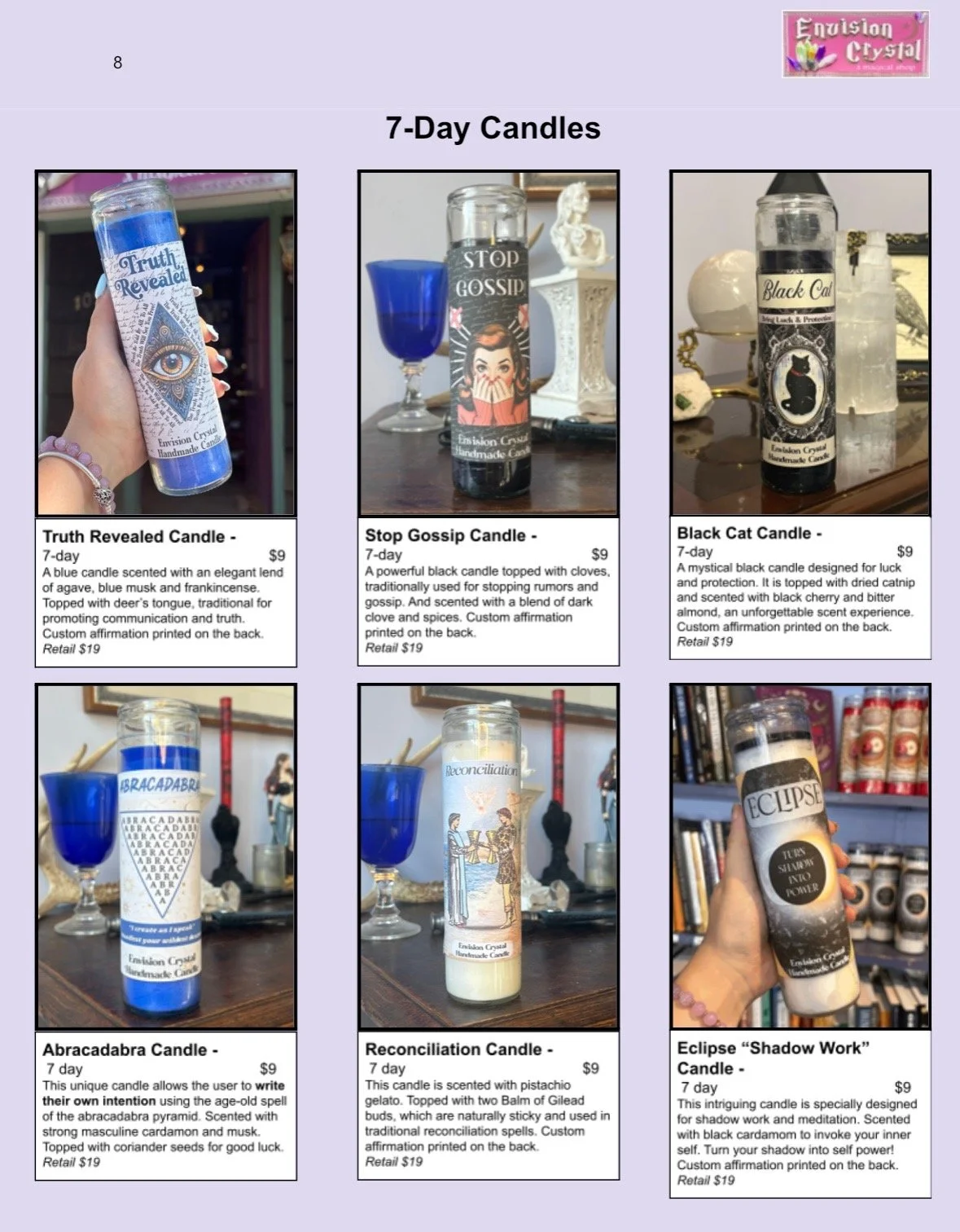 A page from a catalog featuring six different candles, each in a blue glass jar with unique labels. The candles are labeled as Truth Revealed, Stop Gossip, Black Cat, Abracadabra, Reconciliation, and Eclipse Shadow Work. Each candle is described with a brief description, price, and usage details.