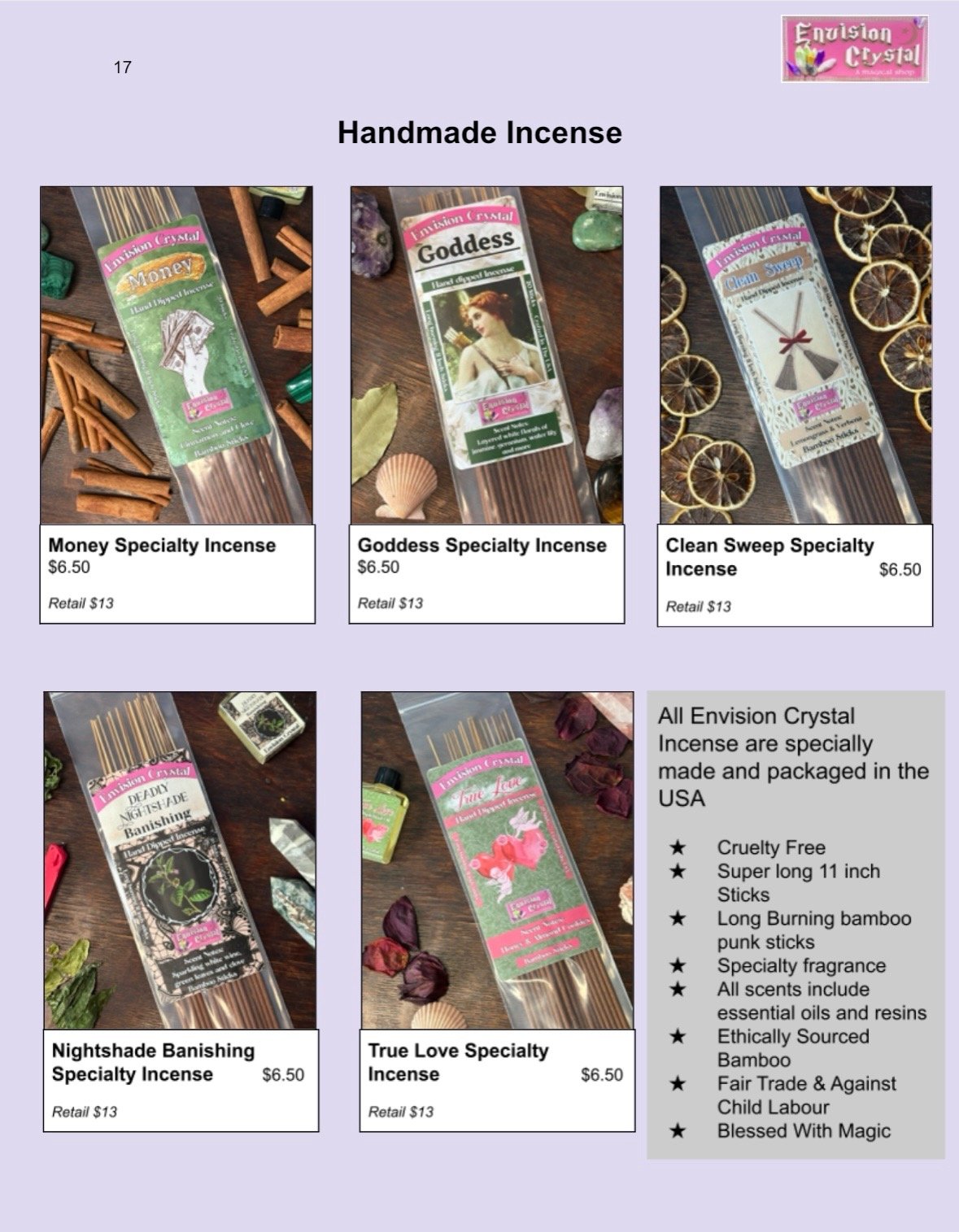 Display of handmade incense packages with different scents, including Money, Goddess, Clean Sweep, Nightshade Banishing, and True Love, on a purple background with product descriptions and qualities.