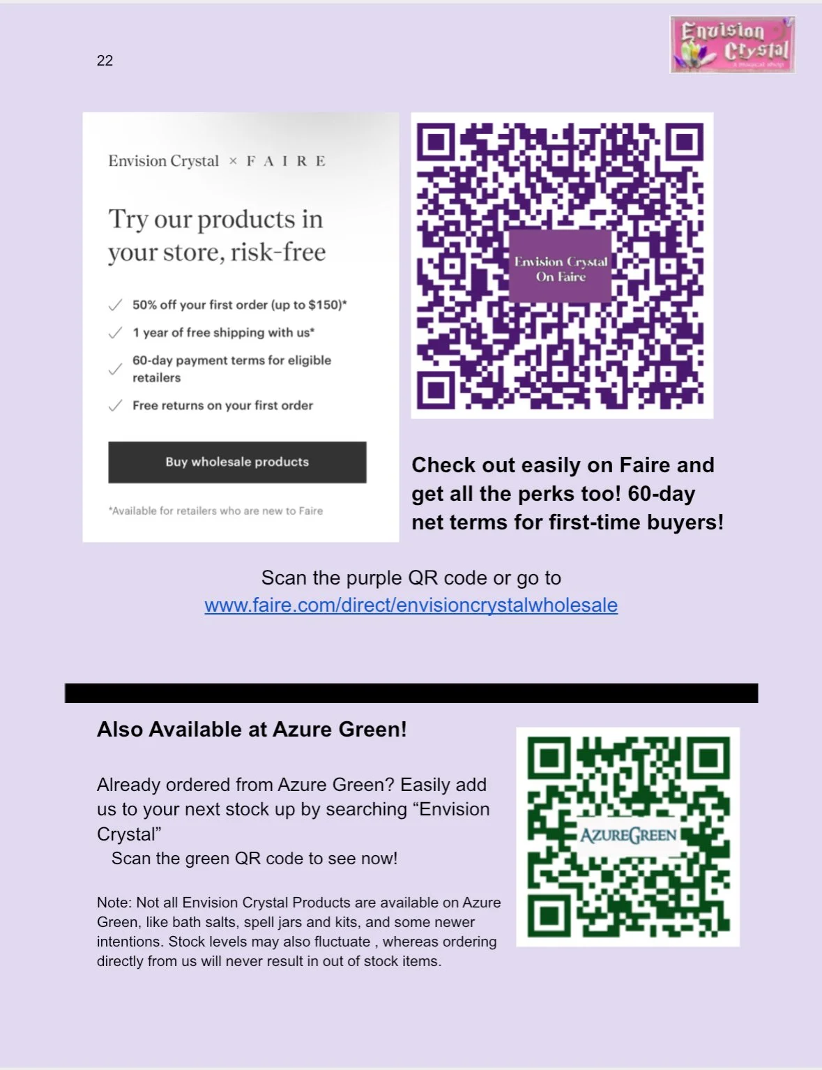 Advertisement for Envision Crystal products on Faire with black and purple QR codes, and details about wholesale ordering, discounts, and stock availability.
