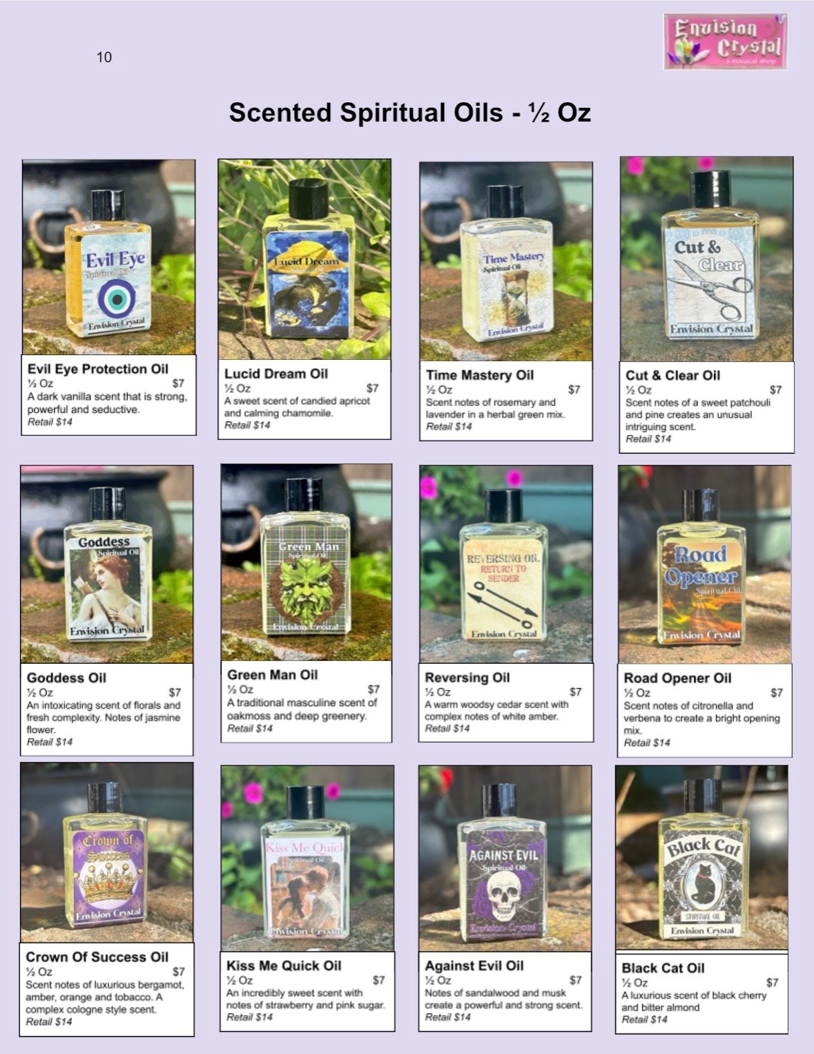 Display of scented spiritual oils in bottles, each labeled with its name, price, scent description, and retail price, arranged in a grid.