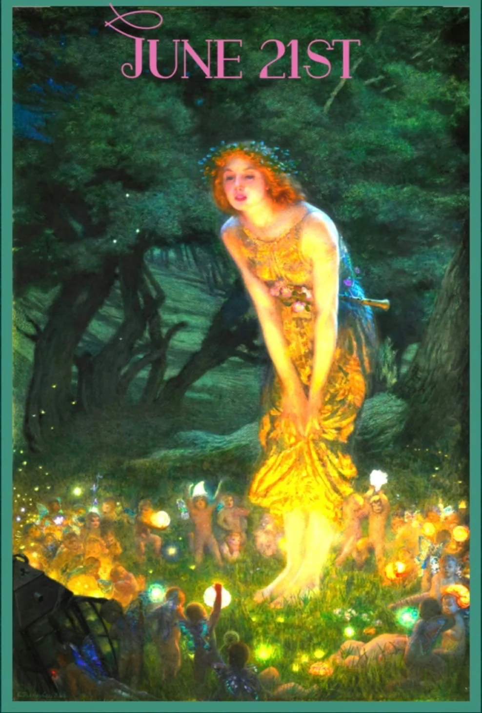 A whimsical illustration featuring a woman with curly red hair in a vibrant, ornate yellow dress in a forest scene, surrounded by tiny glowing figures and children holding glowing orbs, with the date 'June 21st' written at the top in pink.