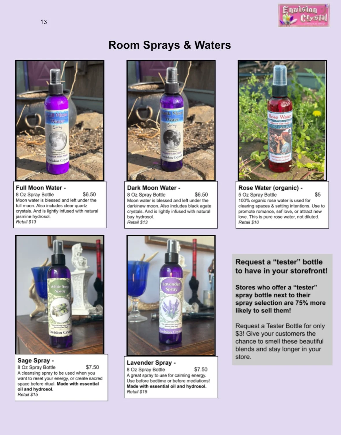 Display of room sprays and waters including Full Moon Water, Dark Moon Water, Rose Water, Sage Spray, and Lavender Spray with descriptions and prices.