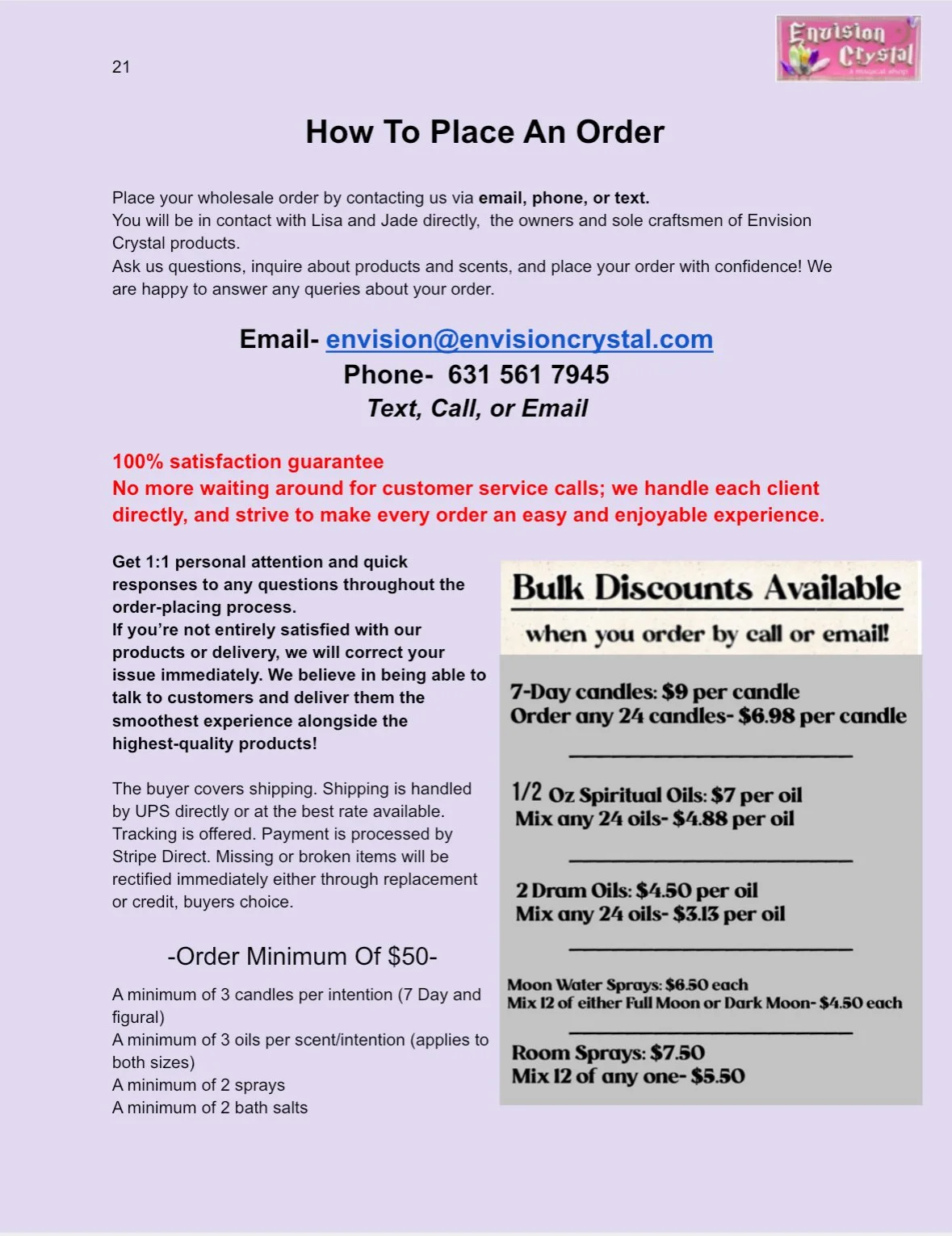 Instruction sheet for Envision Crystal with contact information, customer service notes, and product discounts, including candles, oils, and sprays.