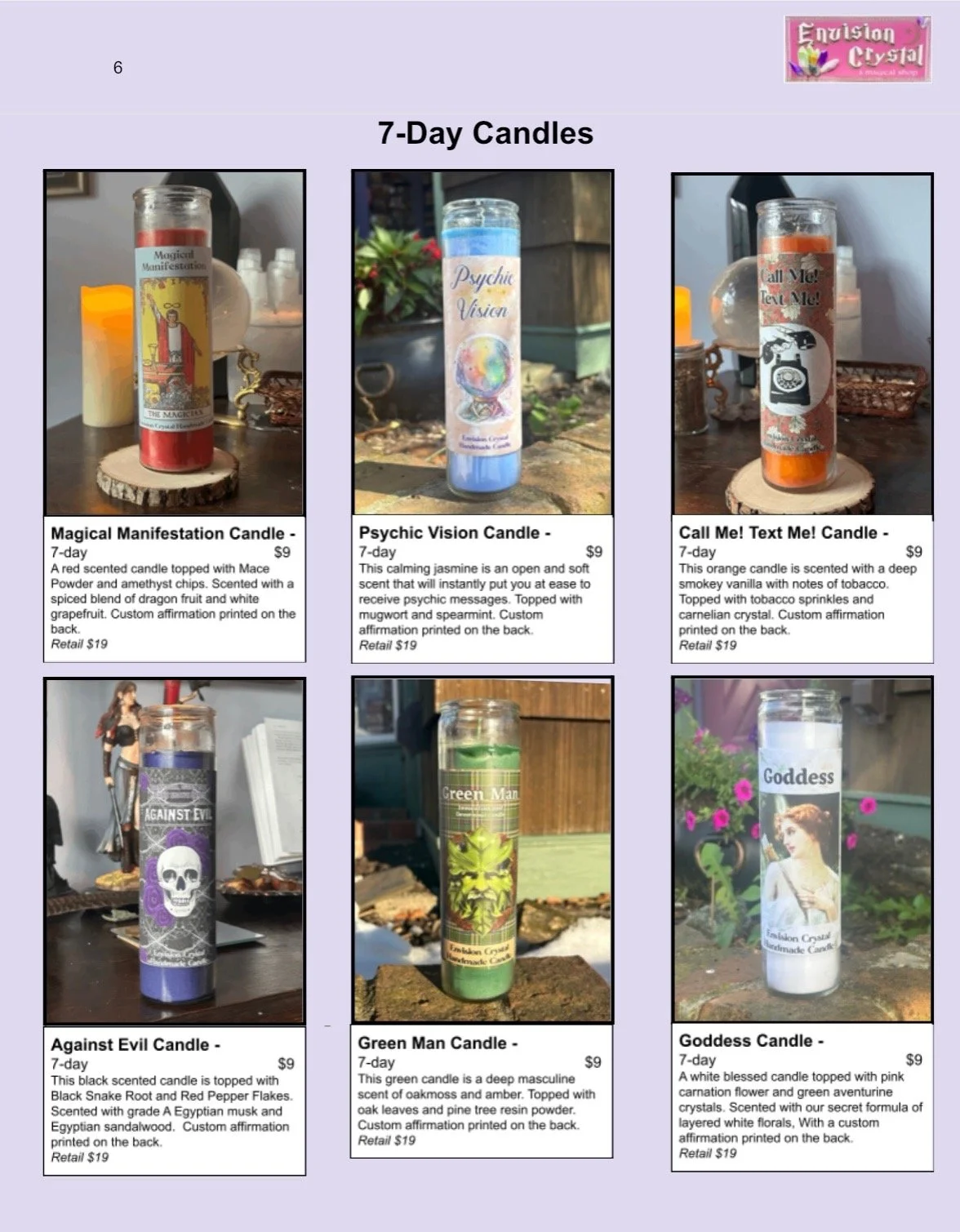 Image of a webpage displaying six different 7-day candles, each with a description and price. The candles have various themes and colors, such as magical manifestation, psychic vision, call me, against evil, green man, and goddess.