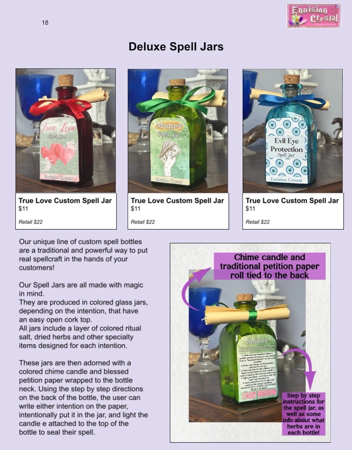 Display of three custom spell jars with colorful bottles, labels, and ribbons, alongside descriptive text about their features and uses.