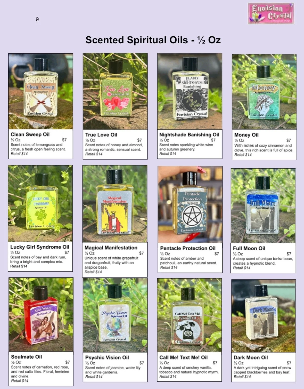 A display of scented spiritual oils in small bottles, each with a label and description, including scents like Clean Sweep, True Love, Nightshade Banish, Money, Lucky Girl Syndrome, Magical Manifestation, Pentacle Protection, Full Moon, Soulmate, Psychic Vision, Call Me! Text Me!, and Dark Moon.