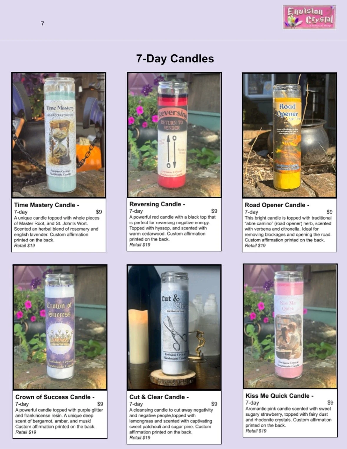 Display of six candles with descriptions and prices, including Time Mastery, Reversing, Road Opener, Crown of Success, Cut & Clear, and Kiss Me Quick, each with themed labels and decorative candle designs.