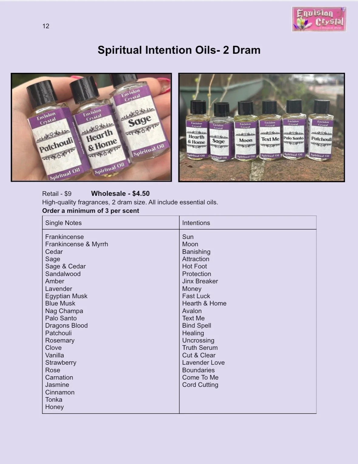 Image showing two sets of spiritual intention oils, with labels reading Patchouli, Hearth & Home, Sage, and others. There is a list of oils and their intended uses or effects, including Sun, Moon, Banish, Attraction, Protection, and more.