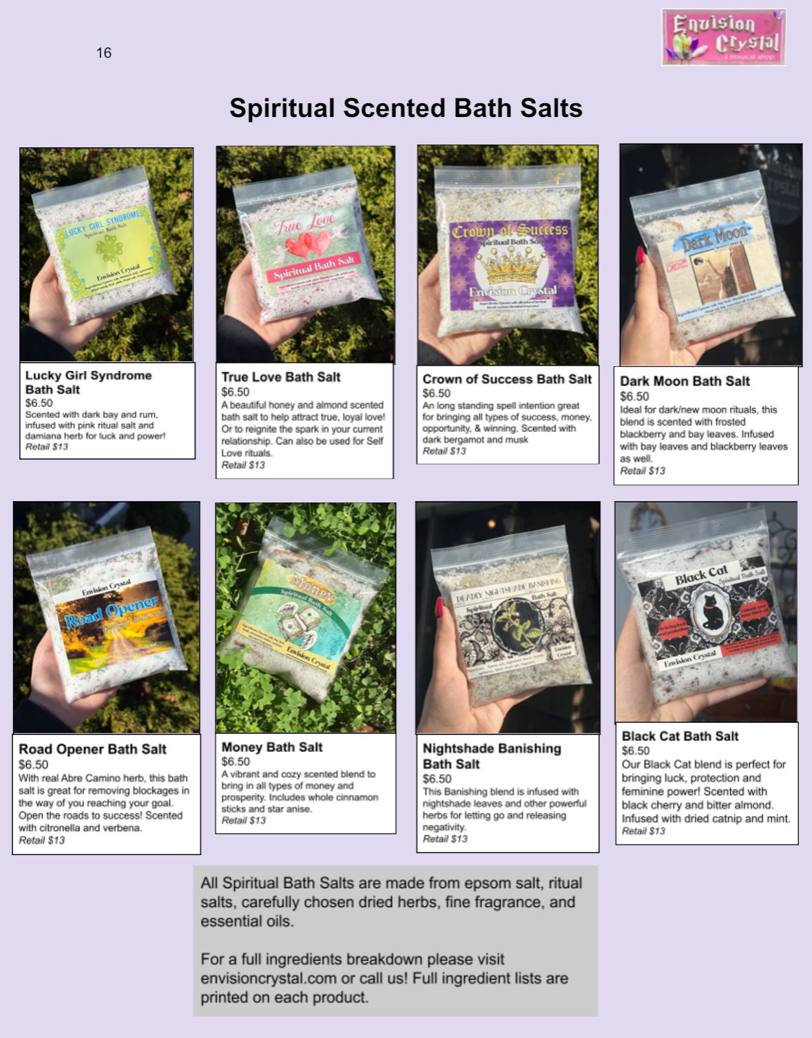 Display of eight packets of spiritual scented bath salts, each with a different label and scent, arranged in two rows on a purple background. The top row features Lucky Girl Syndrome, True Love, Crown of Success, and Dark Moon. The bottom row includes Road Opener, Money, Nightshade Banishing, and Black Cat. Each packet is held by a hand and has a descriptive label with price and details.