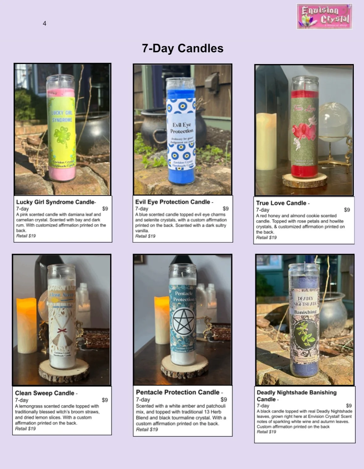 Display of six different 7-day candles with descriptions and prices in a catalog, including Lucky Girl Syndrome Candle, Evil Eye Protection Candle, True Love Candle, Clean Sweep Candle, Pentacle Protection Candle, and Deadly Nightshade Banishing Candle.