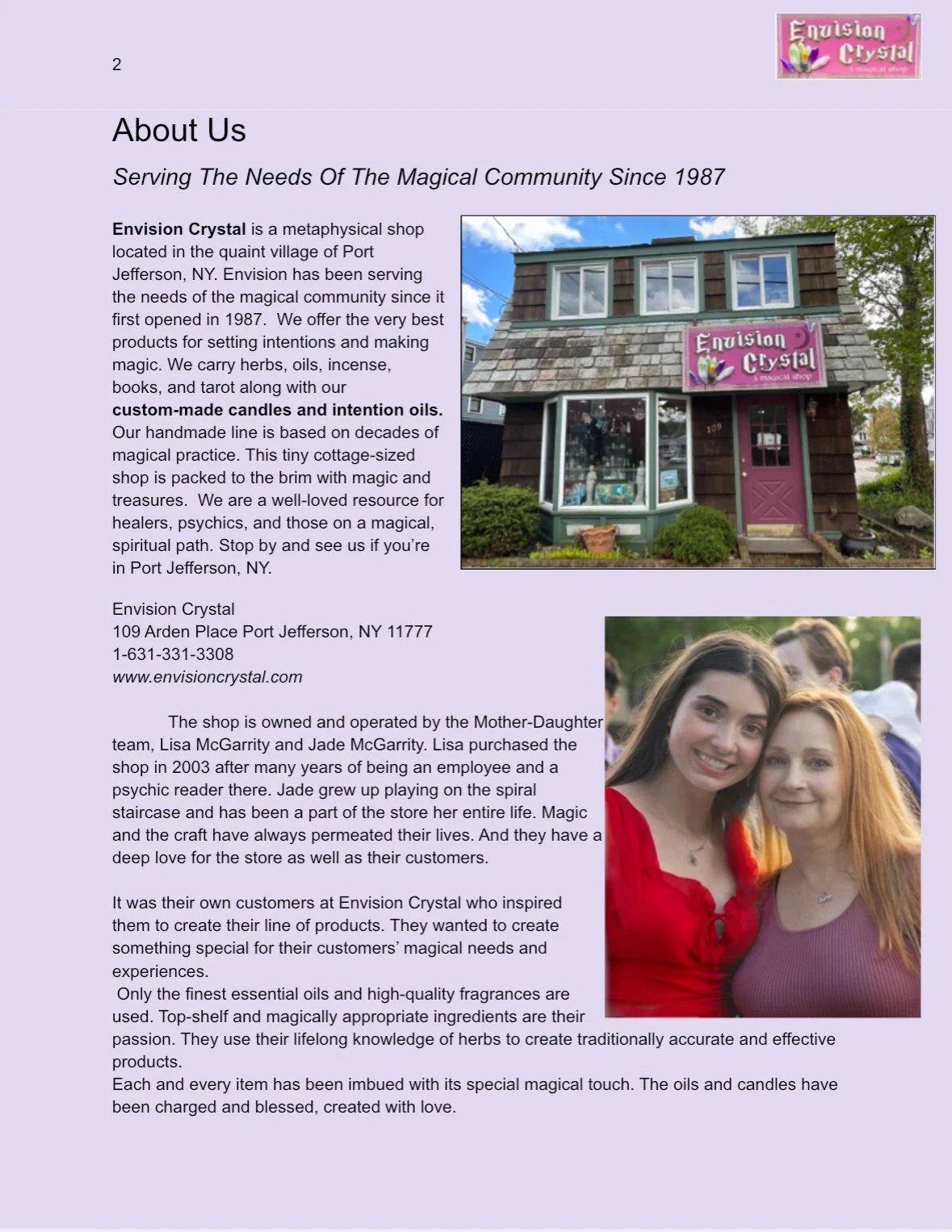 A flyer for Envision Crystal, a metaphysical shop in Port Jefferson, NY, with a photo of the shop's storefront and a group of people smiling at an outdoor event.