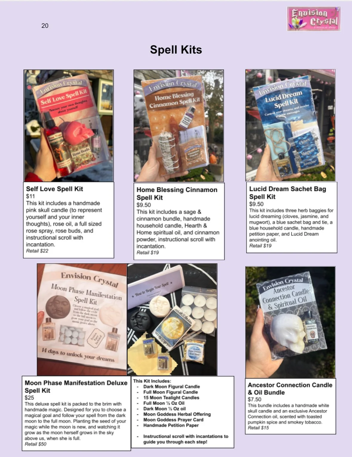 Display of various spell kits including Self Love Spell Kit, Home Blessing Cinnamon Spell Kit, Lucid Dream Sachet Bag Spell Kit, Moon Phase Manifestation Deluxe Spell Kit, and Ancestor Connection Candle & Oil Bundle.