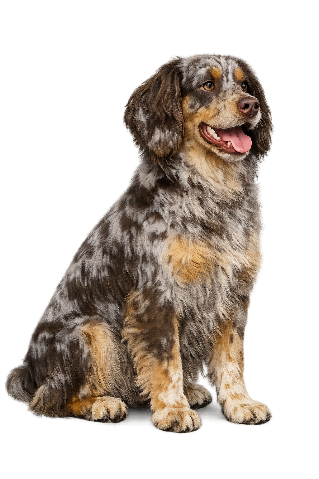 Un chien de race Aussie Retriever, avec un pelage tacheté gris, noir et blond, assis et regardant vers la droite avec la bouche ouverte et la langue sortie.