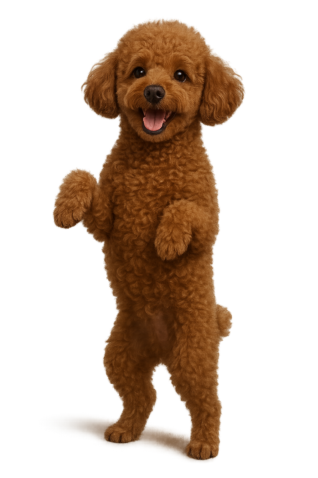 Chien de race Poodle (Caniche) roux debout sur ses pattes arrière, souriant avec la langue légèrement sortie, contre un fond beige.