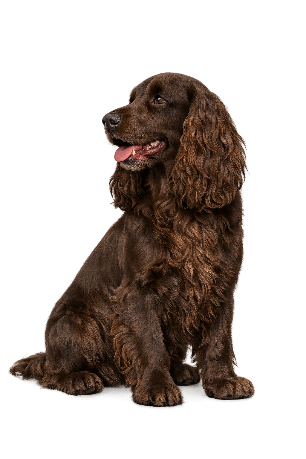 Un chien de race setter irlandais à poil long et brun, assis, avec un fond sombre et coloré en bleu et violet.