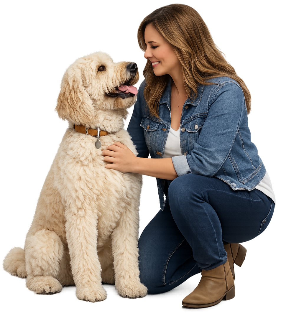 Femme souriante en jean et sous-vêtements à carreaux regardant un gros chien de race berger laineux assis, menu chien portant un collier.