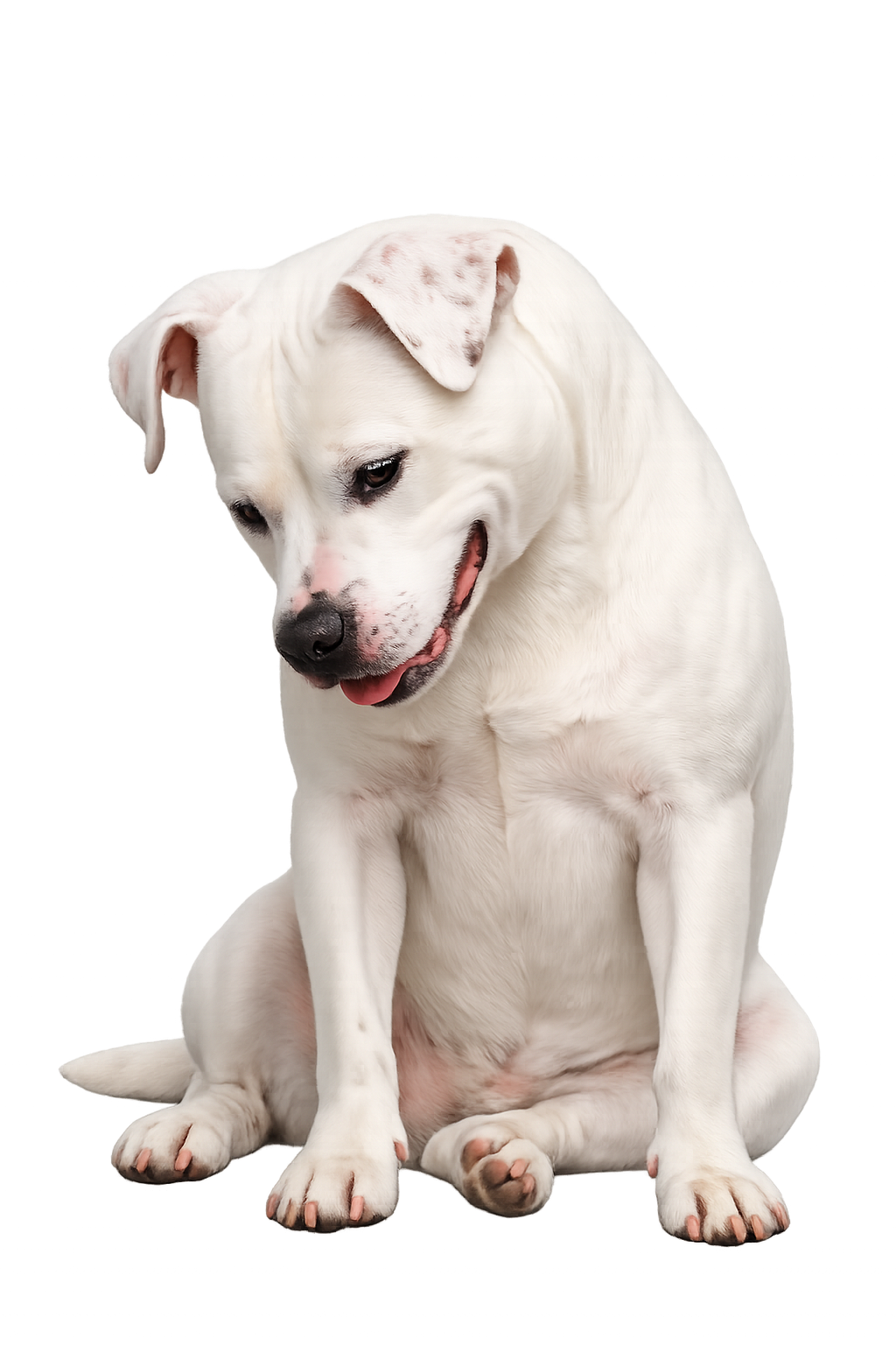 Un chien blanc de race American Staffordshire Terrier assis, avec une expression douce et le regard vers le bas.
