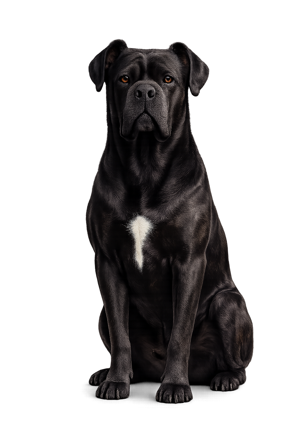 Un chien noir de race Bouledogue français avec une tache blanche sur la poitrine, assis contre un fond noir avec des lumières colorées.