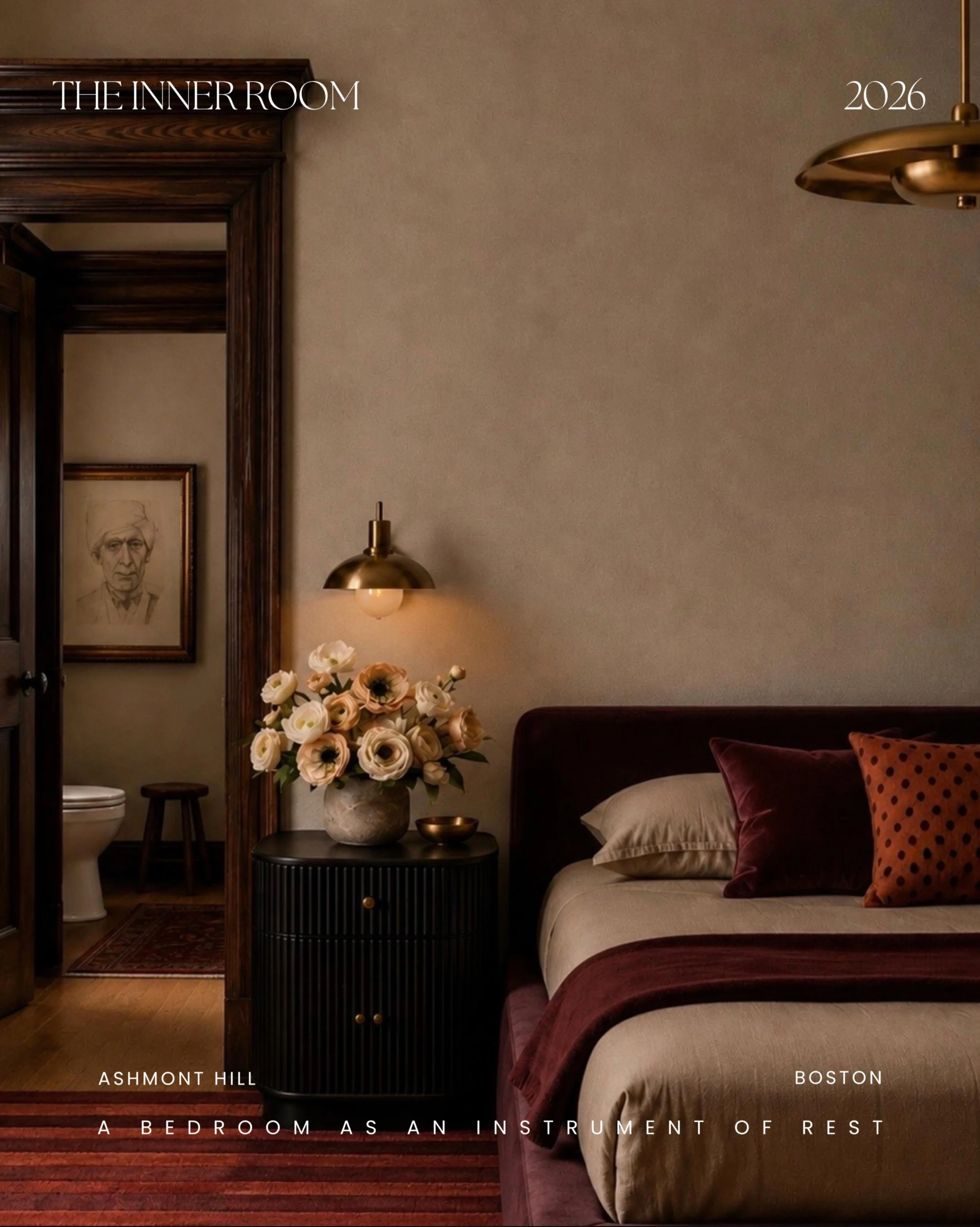 A primary suite is not simply where the day ends.
It is where the body is allowed to soften.

Lime-washed walls holding the last warmth of evening. Velvet grounding the room in quiet weight.
A palette built from pigment, shadow, 
and restraint rather