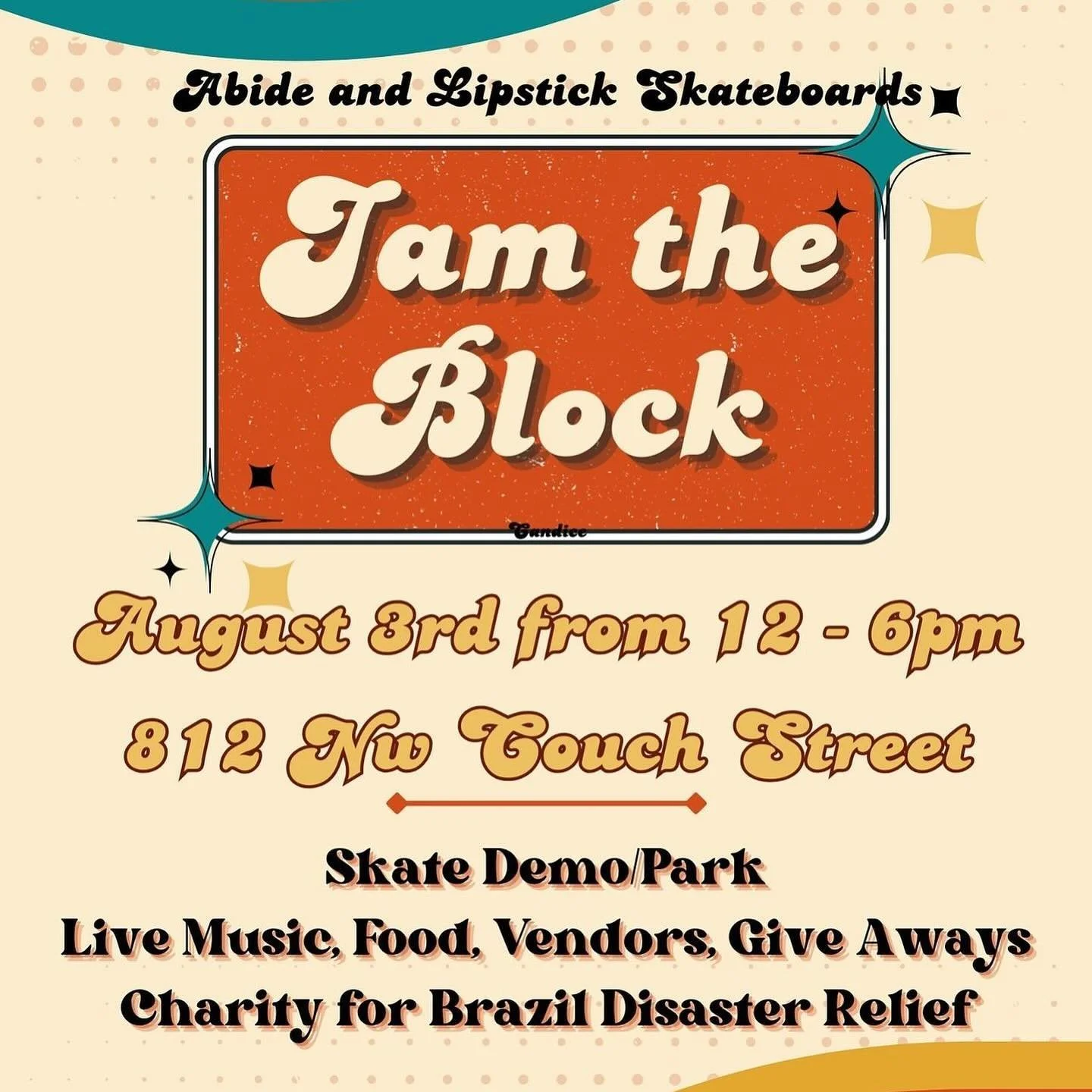 SATURDAY, AUGUST 3 &bull; FREE ALL AGES BLOCK PARTY ‼️
🇧🇷 proceeds to those affected by the flooding in Brazil ❤️

📍 @abidepdx &bull; 812 NW Couch Street &bull; 12pm - 6pm
👉 Vendors, Food, Skatepark Setup, Music, Giveaways 
🎙️ Performers: @some.