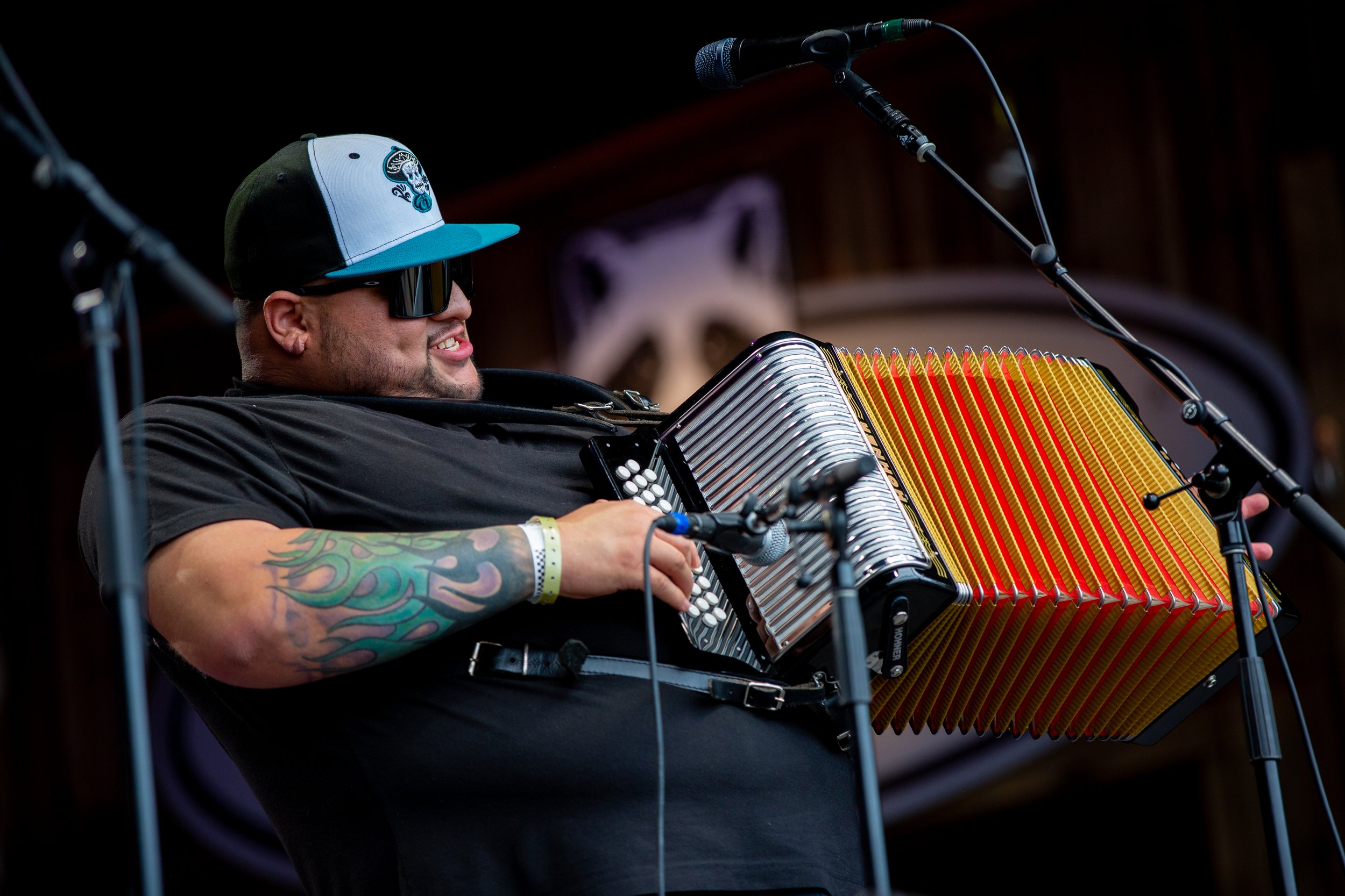 Josh Baca, of the band Los Texmaniacs, plays the accordion during a Merlefest performance in Wilkesboro, North Carolina.