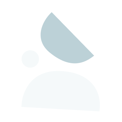 Abstract minimalist icon of two circles and a semi-circle in blue and white on a black background.