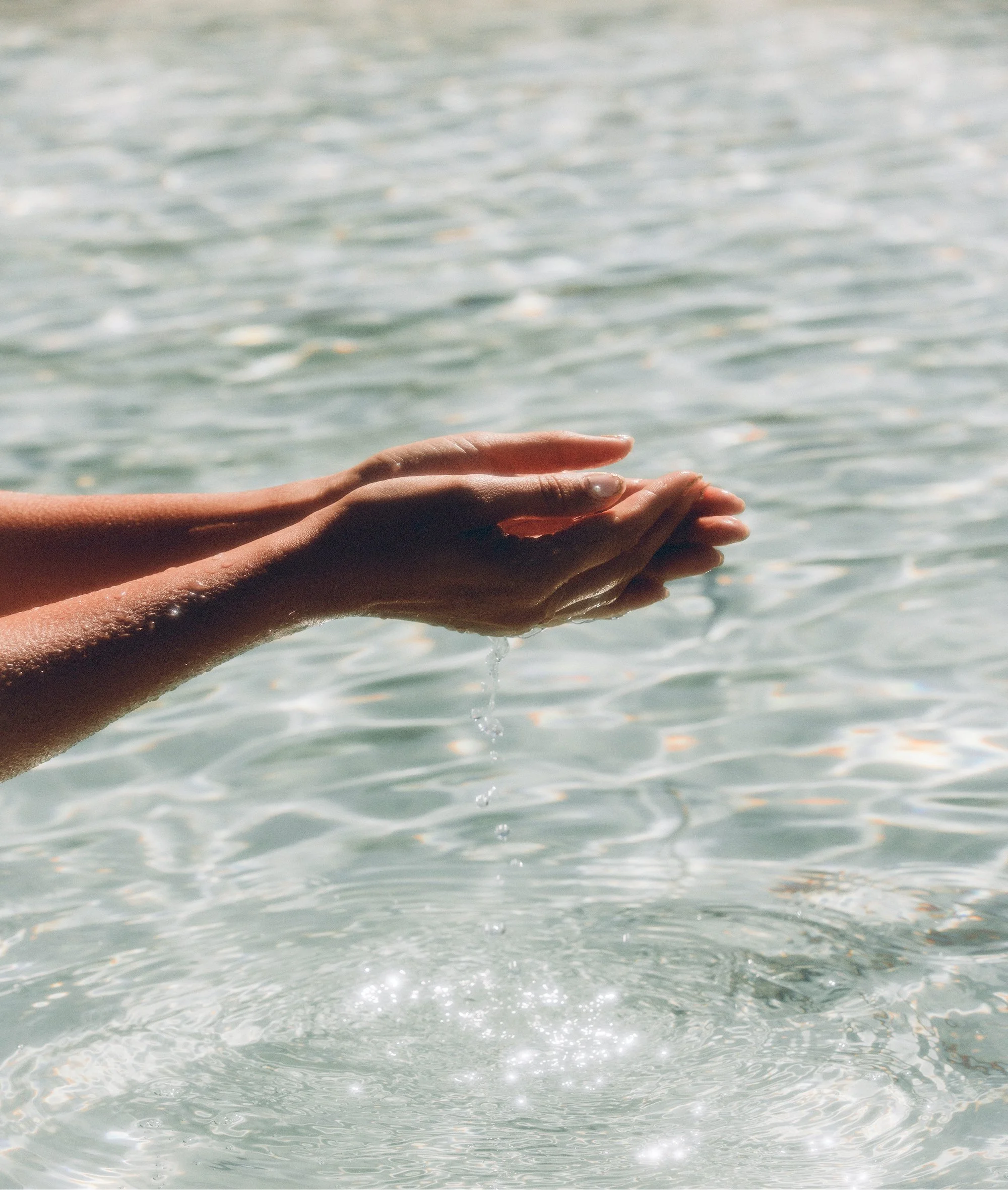 Two hands gently cupping water above a body of water with ripples, sunlight glinting on the surface.