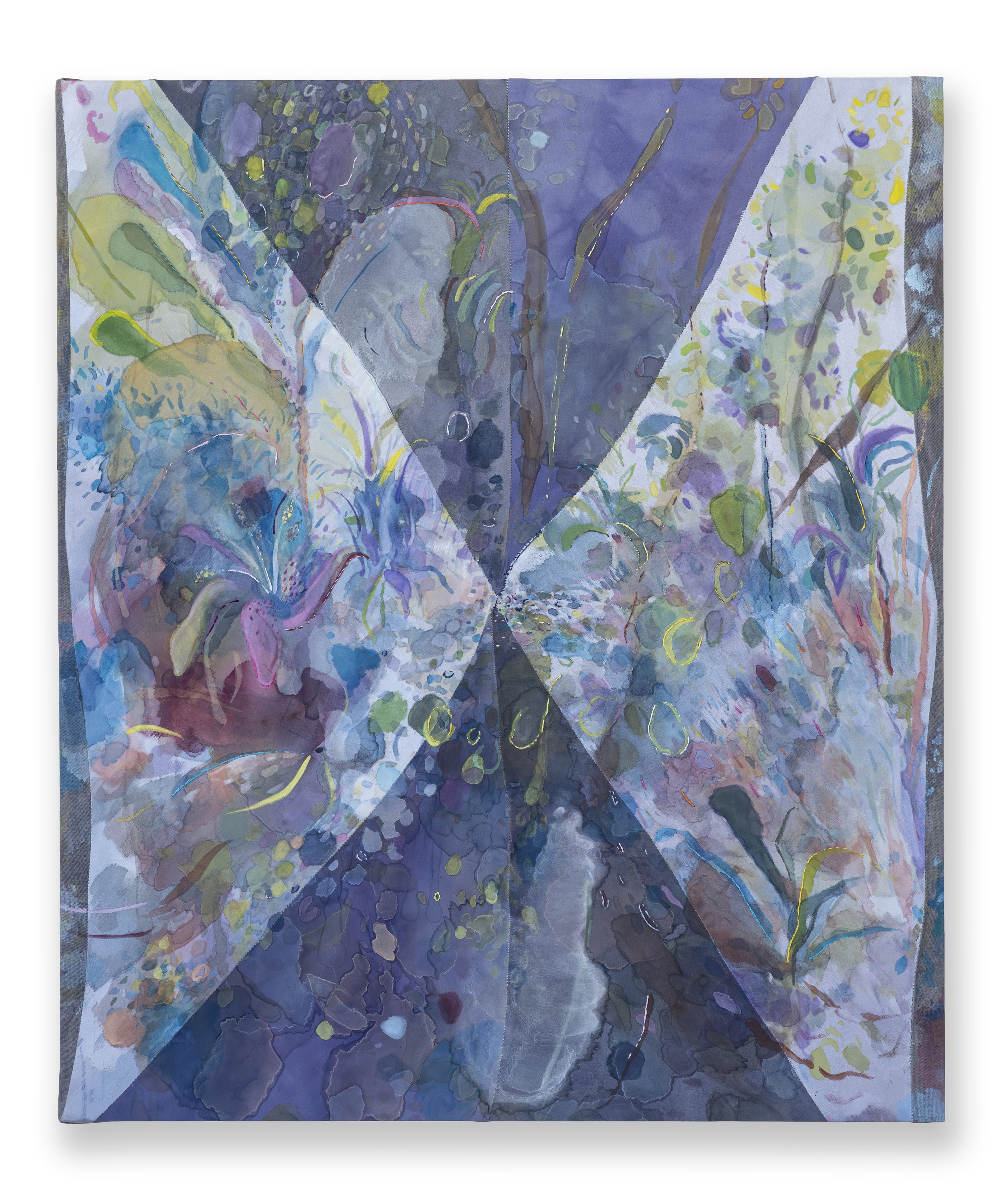 La libélula cría su mensaje (The dragonfly breeds its message), watercolor and gouache on hand dyed stretched silk with cotton embroidery, 26"  x 22" 2025