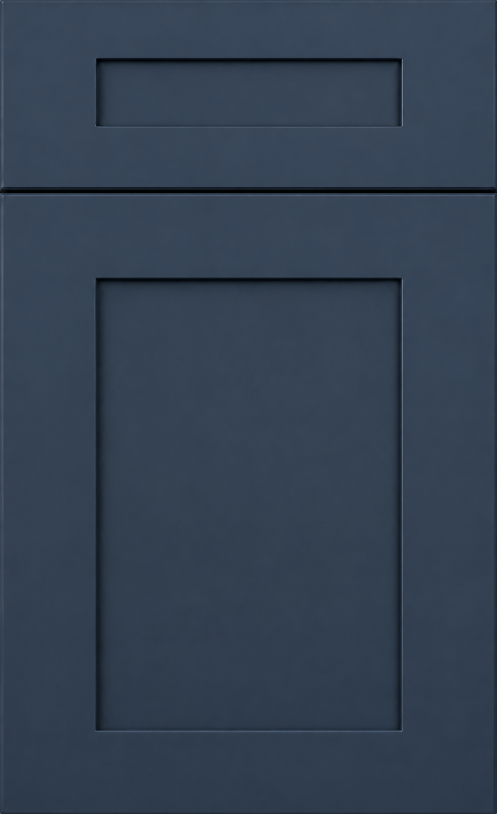 A dark blue cabinet with a rectangular upper and lower panel, featuring clean, minimalist design.