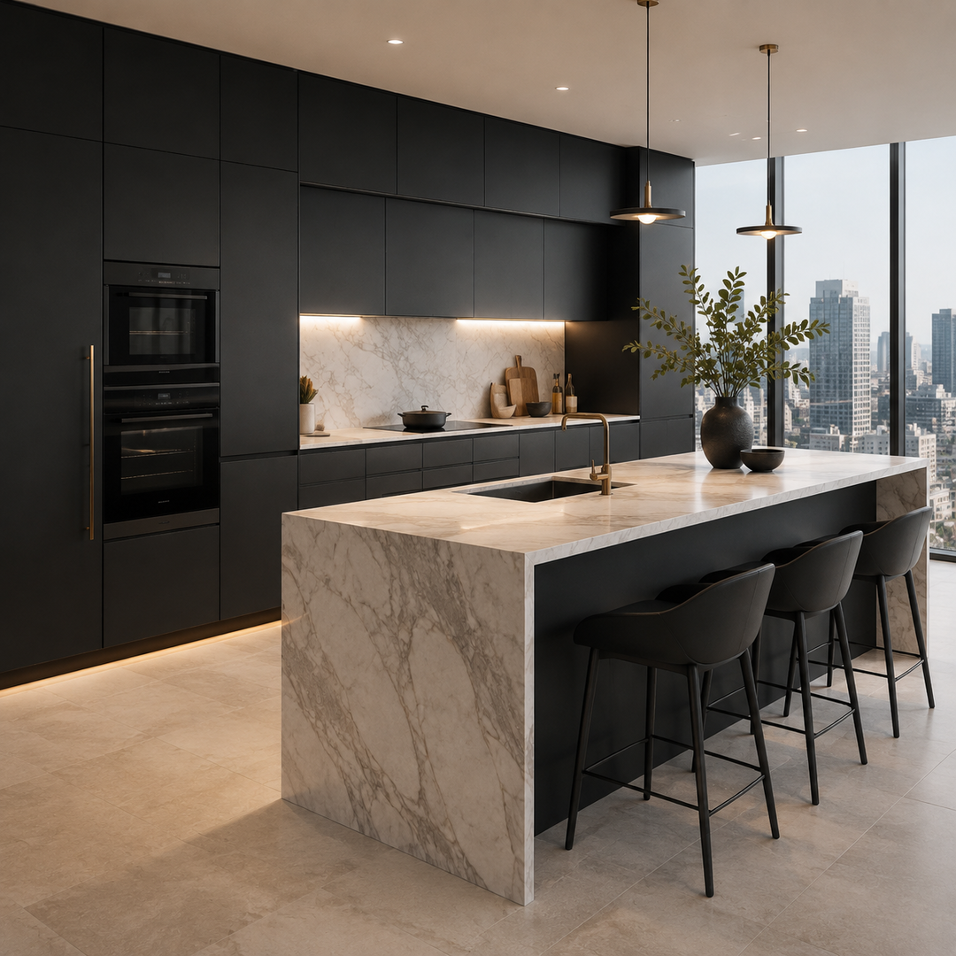 Modern kitchen with black cabinets, a marble island with a gold faucet, and large windows showing city buildings.