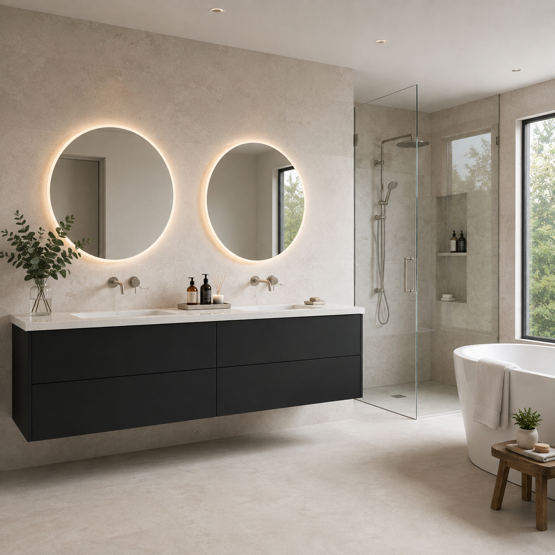 Modern bathroom with double vanity, illuminated round mirrors, a walk-in shower with glass door, and a freestanding bathtub; neutral beige and black color scheme with natural light from large window.