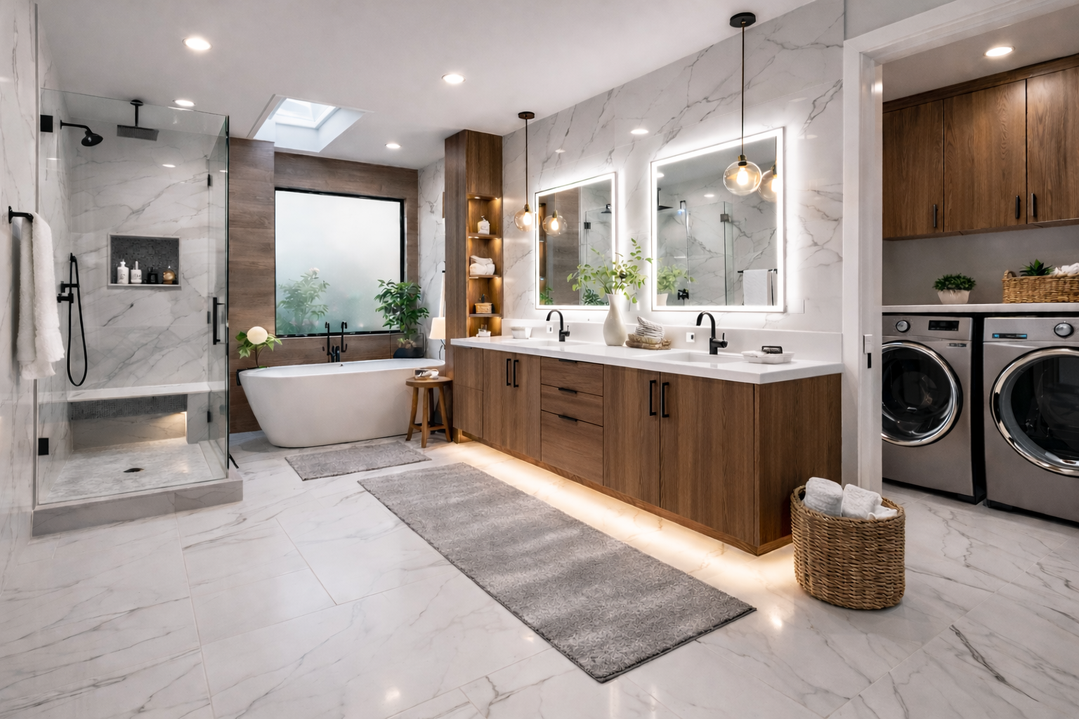 Modern bathroom with walk-in shower, freestanding bathtub, double vanity with large mirrors, washing machine and dryer, and wooden accents.