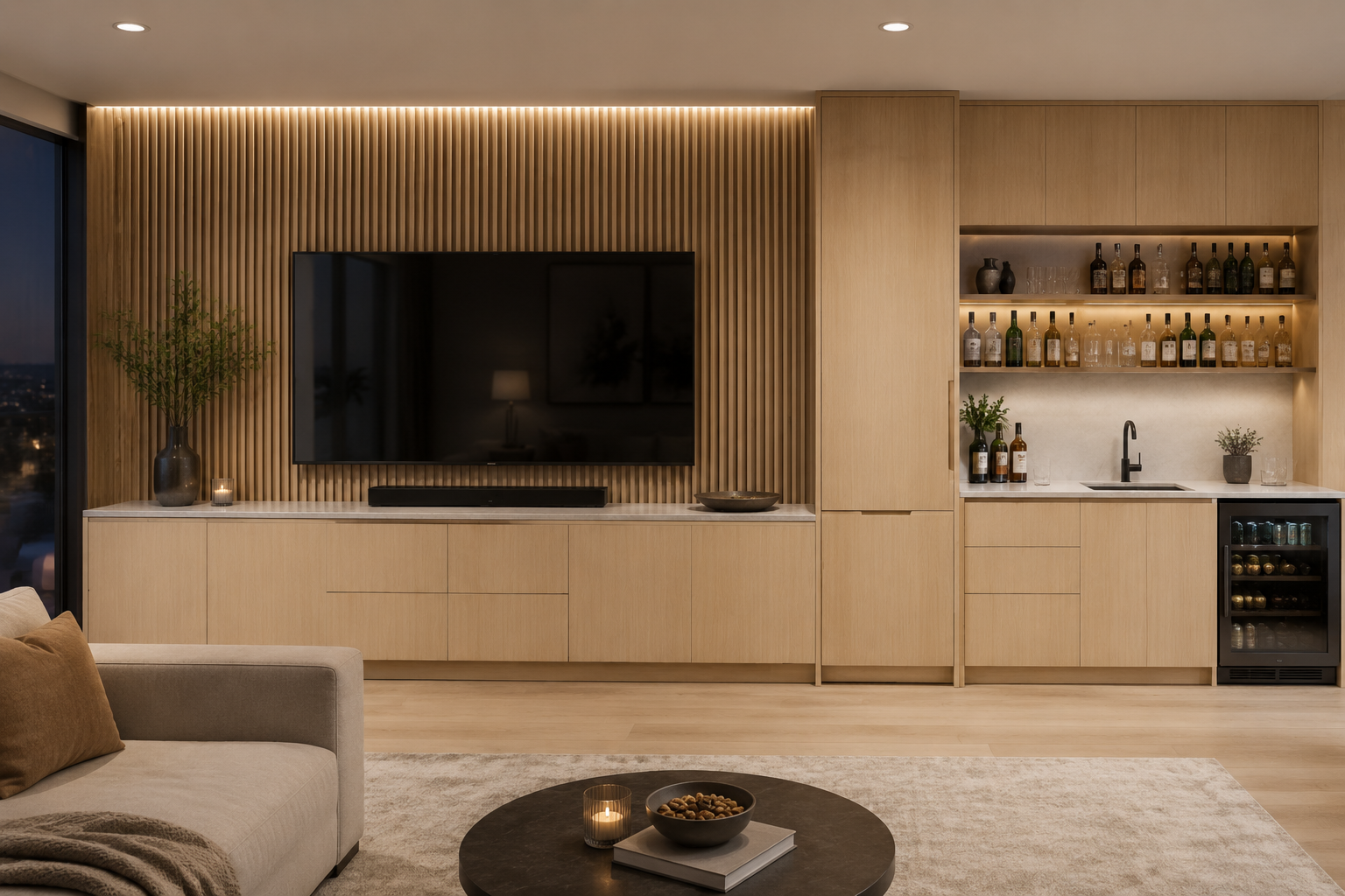 Modern living room with a large flat-screen TV on a wooden slat wall, a neutral-colored sofa with pillows, and a round coffee table with candles and a bowl of snacks. To the right, a built-in bar area with shelves of liquor bottles, a small sink, a m