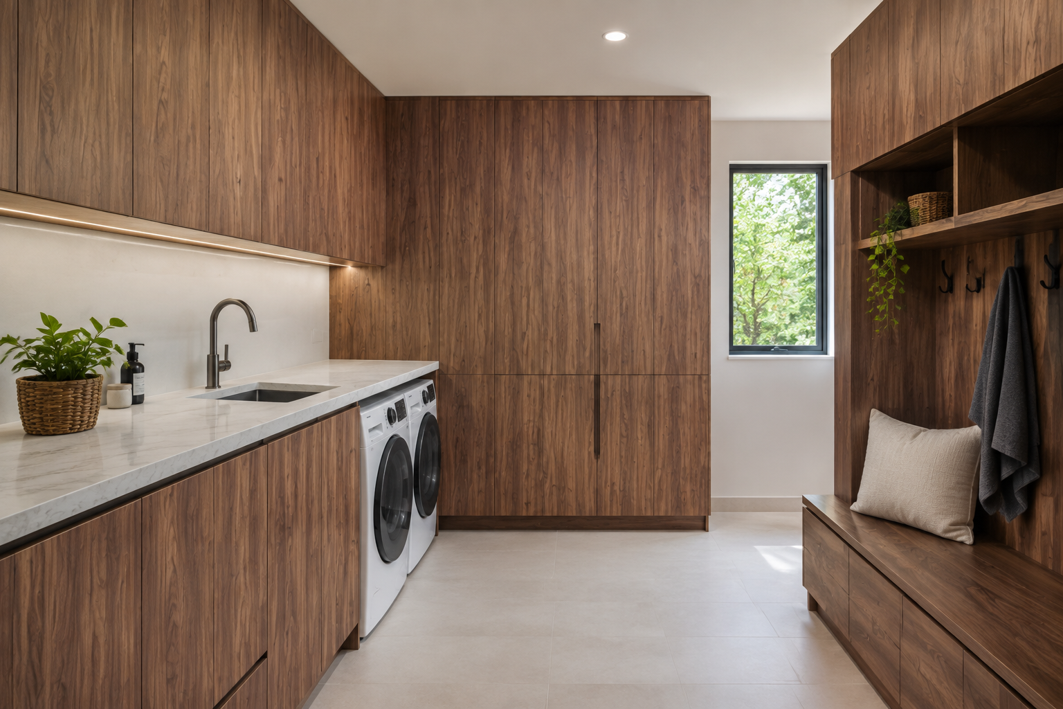 Modern laundry room with wood cabinetry, marble countertop, washing machine, sink, small plants, window with green trees outside.