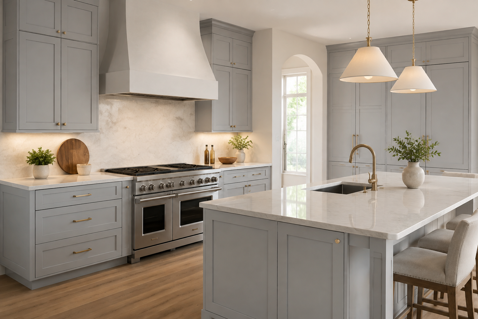 Modern kitchen with light gray cabinets, stainless steel stove, white marble countertops, and a large kitchen island with a sink, surrounded by barstools, decorated with potted plants, and lit by pendant lights.