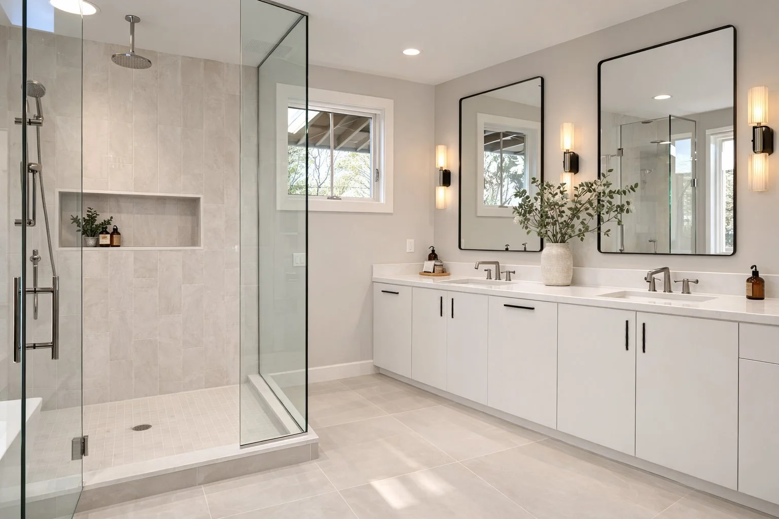 Modern bathroom with double vanity, large mirrors, and a glass-enclosed shower with beige tiles and built-in niche, decorated with a vase of greenery and minimal lighting.