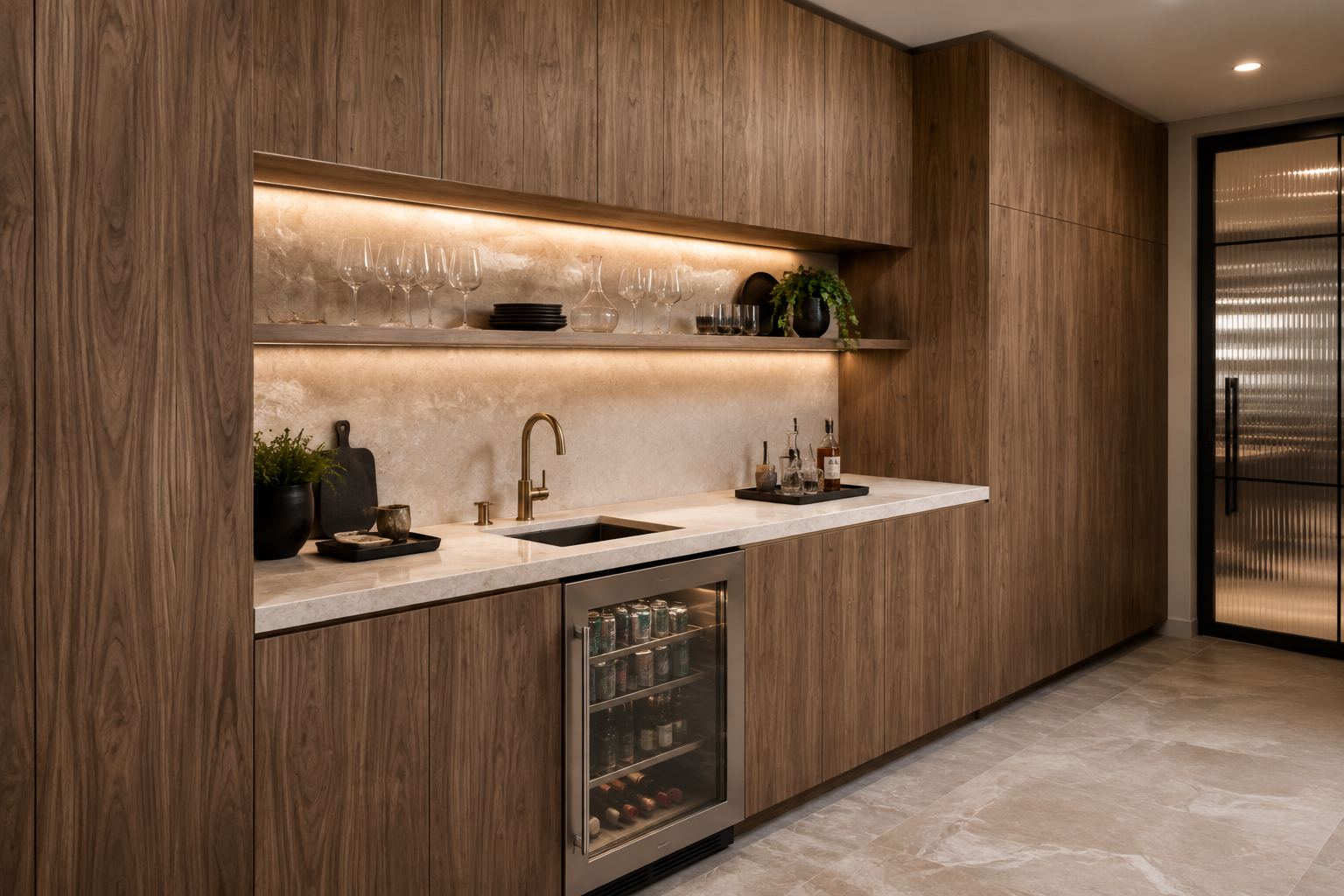 Modern kitchen with wood cabinets, a marble countertop, wine storage, and open shelving with wine glasses and plants.