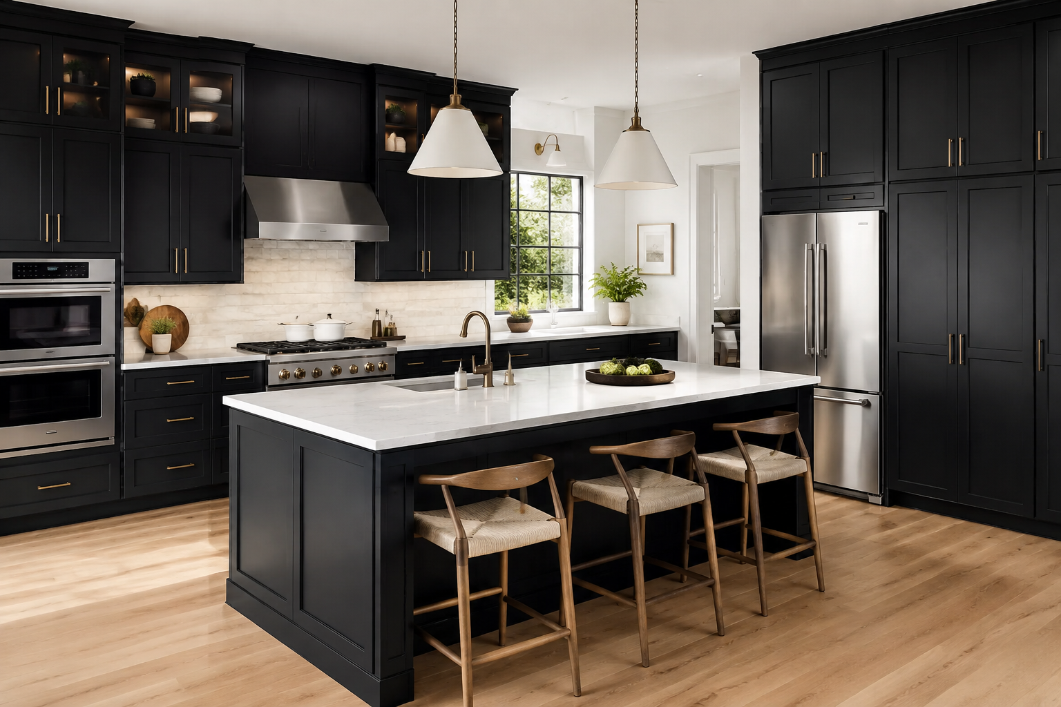 Modern kitchen with black cabinets, white island with marble top, stainless steel appliances, pendant lights, wooden stools, and a window with greenery outside.