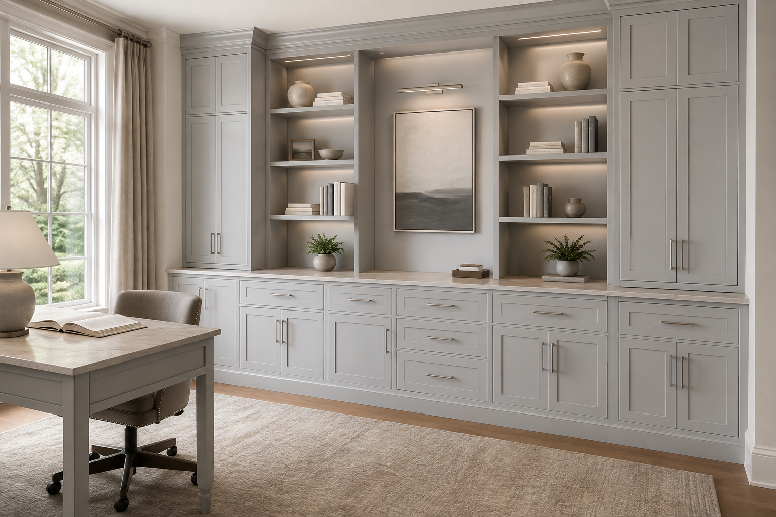 Light gray built-in bookshelf and cabinet unit with decorative vases, books, and plants, in a bright home office with a window, a desk, and an office chair.