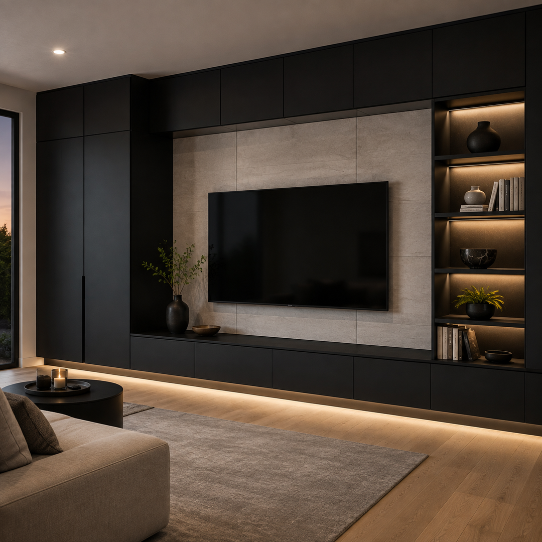 Modern living room with a black wall-mounted entertainment center, a large flat-screen TV, decorative vases, books, a beige sofa, candles, and a window showing sunset outside.