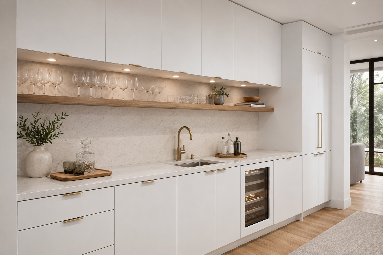Modern kitchen with white cabinets, marble backsplash, wooden open shelves with glassware, and a built-in wine cooler