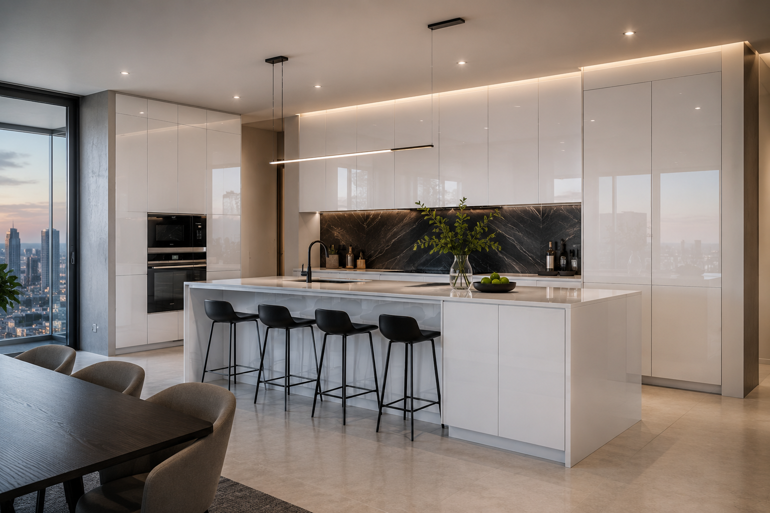 Modern kitchen with white cabinetry, black bar stools, marble backsplash, and a city view through large window.