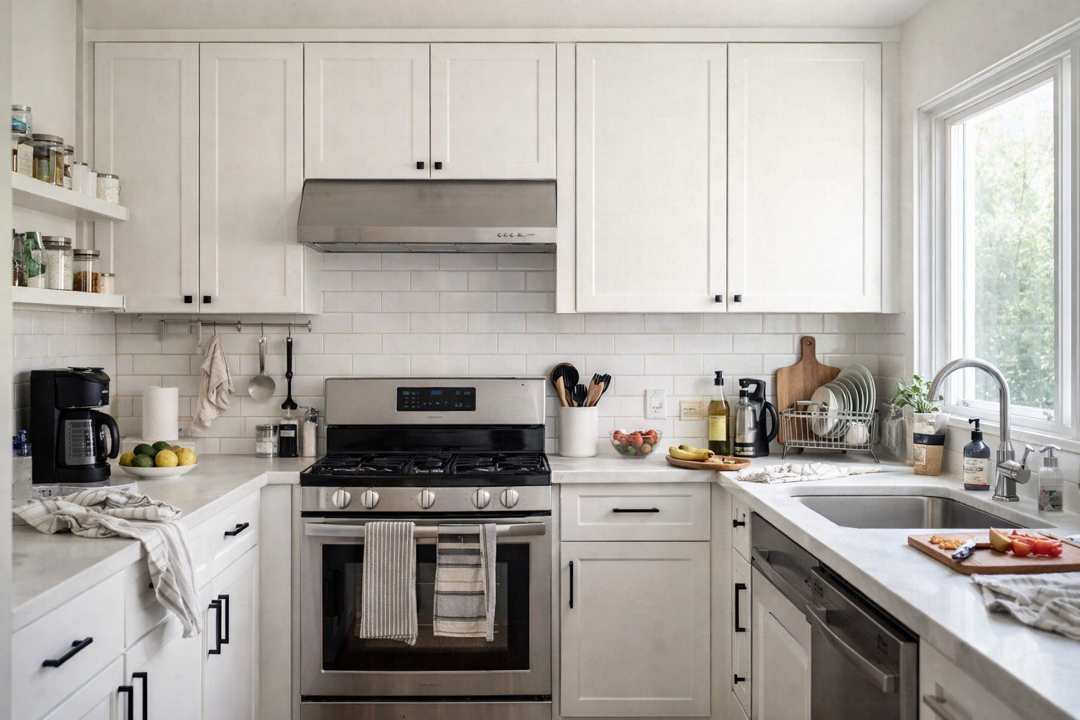 Modern kitchen with white cabinets, stainless steel stove, and a window with sunlight. Countertops hold various kitchen items, including fruit, dish drying rack, and utensils.
