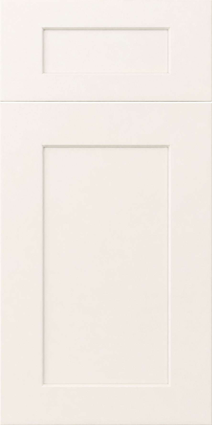 A white kitchen cabinet with two doors, one on top of the other, each with a recessed panel and no visible handles.