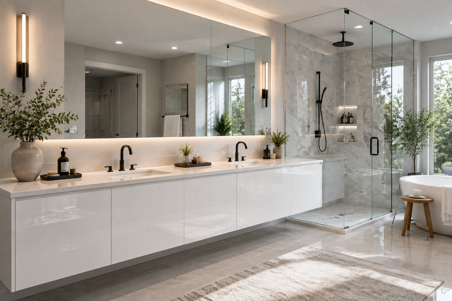 Modern white bathroom with dual sinks, large mirror, and a glass-enclosed walk-in shower with marble walls. Decor includes green plants, candles, and a bathtub near a window.